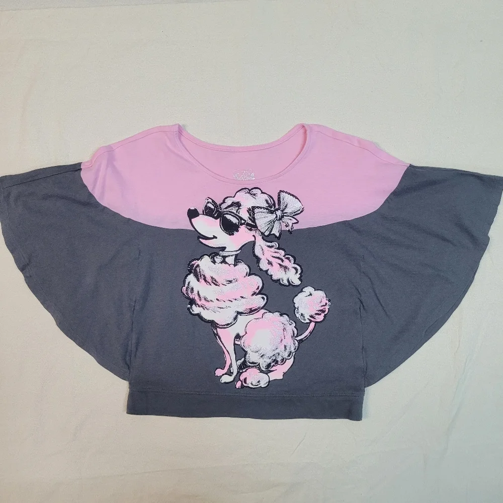 Justice Stylish Shimmer Pink and Gray Batwing Kids Size 7 Dog Shirt